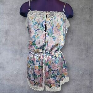 Vintage 90s Victoria's Secret Romper Floral Lace Trim Lingerie Medium R43‎